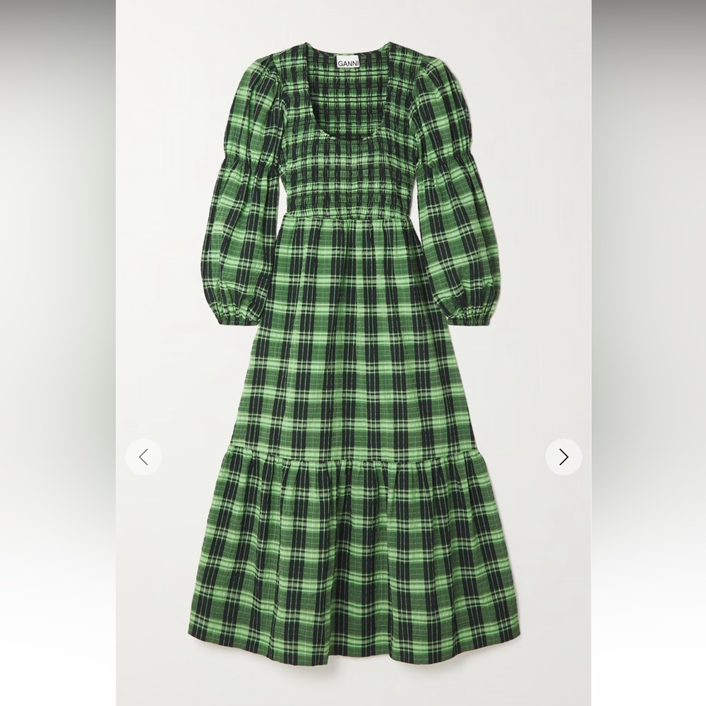 GANNI NET SUSTAIN tiered checked seersucker midi dress Size 34